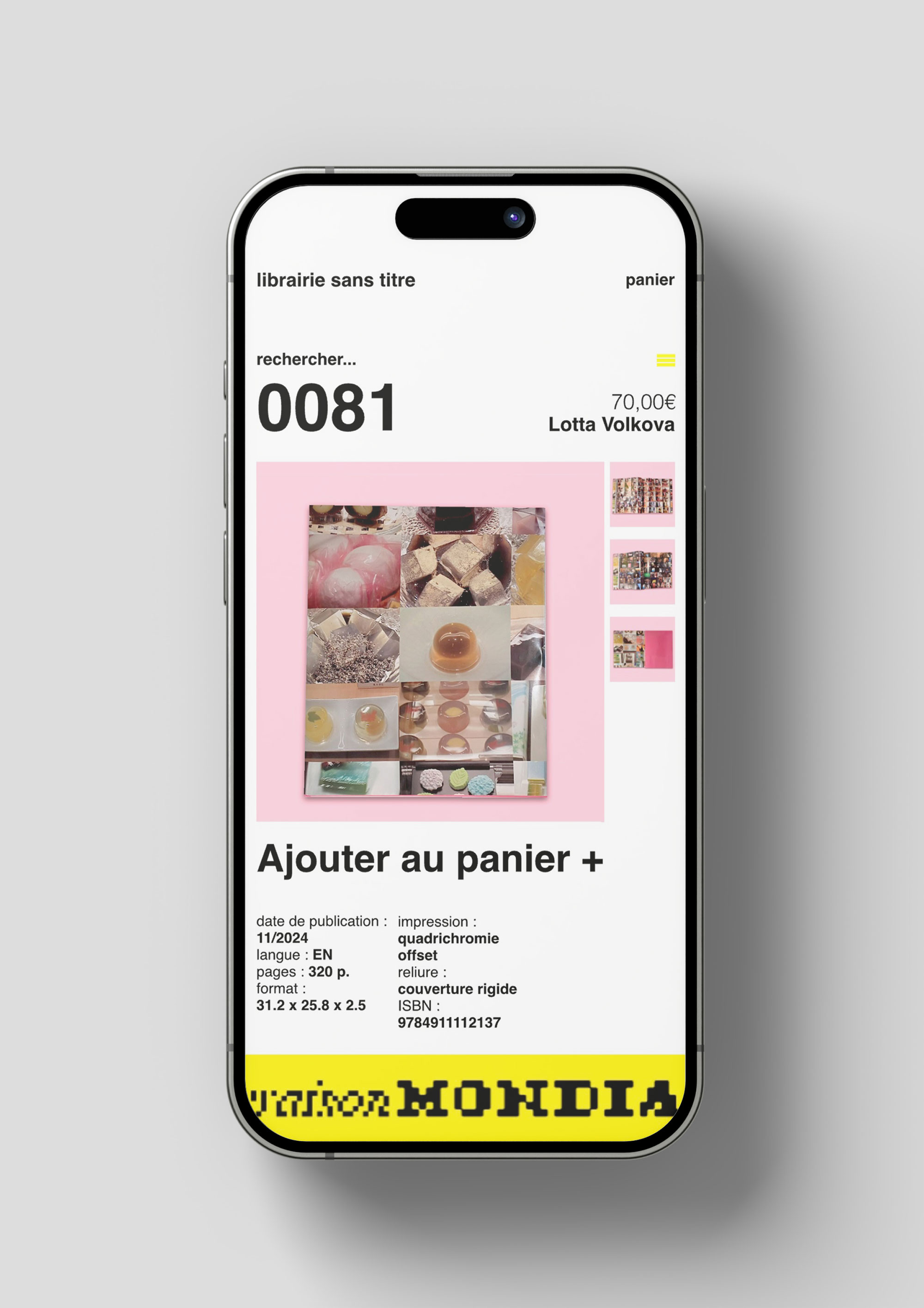 vue de face de la page produit